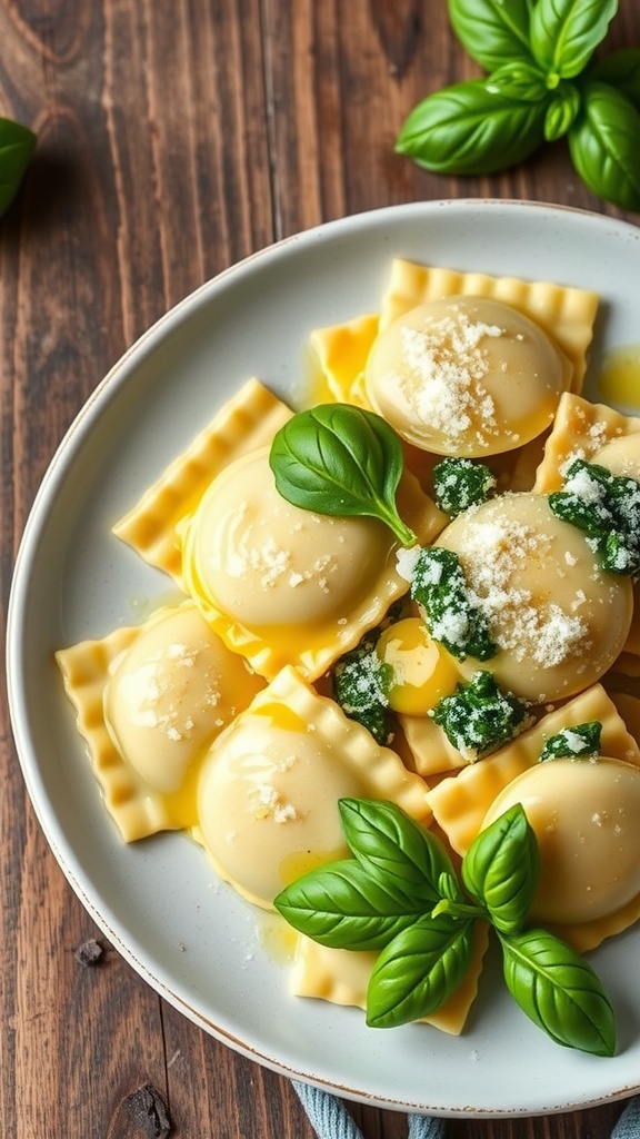 Homemade spinach and ricotta ravioli served with butter and Parmesan cheese on a rustic plate.